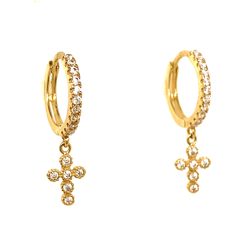 Huggies (cruz) con circones en oro amarillo 10kt.