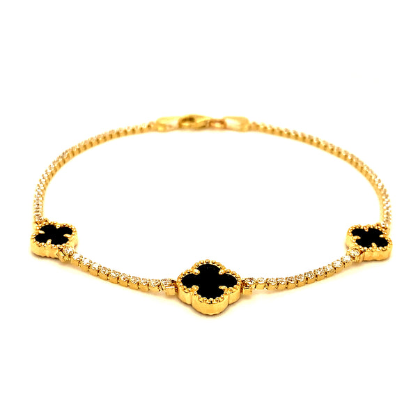 Pulsera (trébol negro onix) con circones en oro amarillo 10kt. 19CM