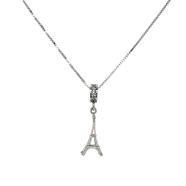 Collar (torre Eiffel) con circones en oro blanco 10k. 45cm