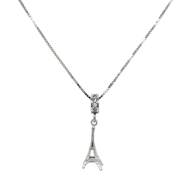Collar (torre eiffel) con circones en oro blanco 10k. 50cm