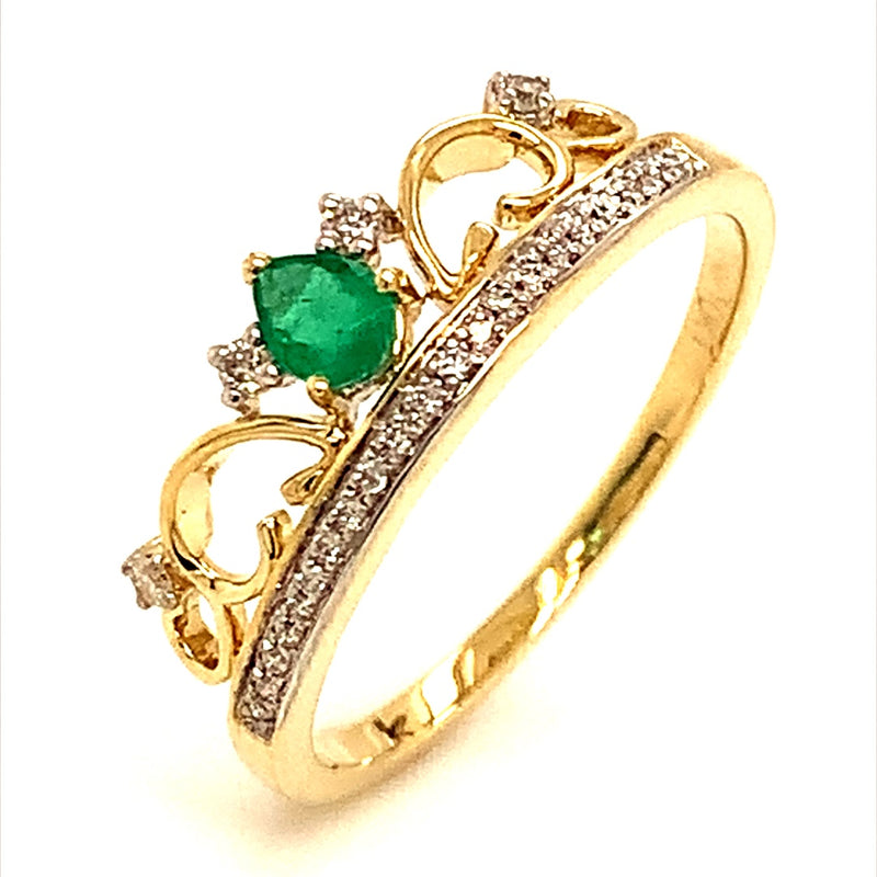Anillo (corona) de esmeralda con diamantes en oro amarillo 10k