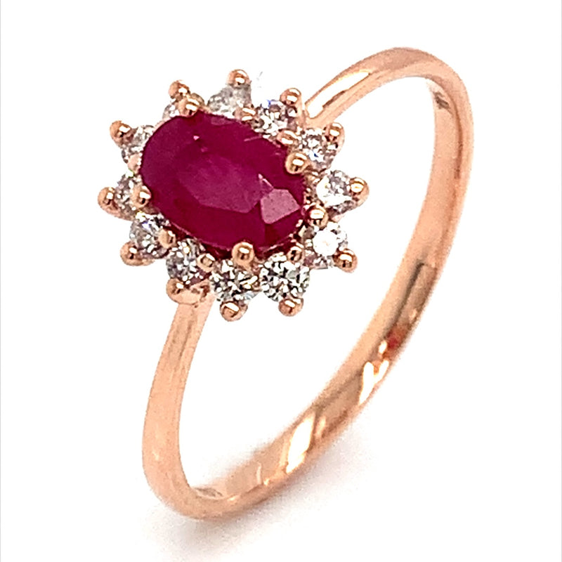 Anillo de rubi con diamantes en oro rosado 14k