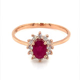 Anillo de rubi con diamantes en oro rosado 14k