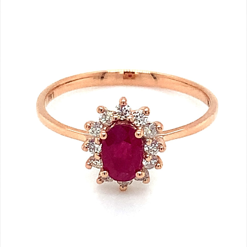 Anillo de rubi con diamantes en oro rosado 14k