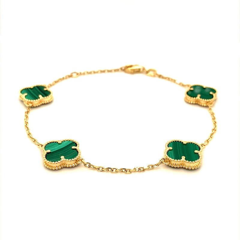 Pulsera (trébol verde malaquita) en oro amarillo 10kt. 17CM/19CM