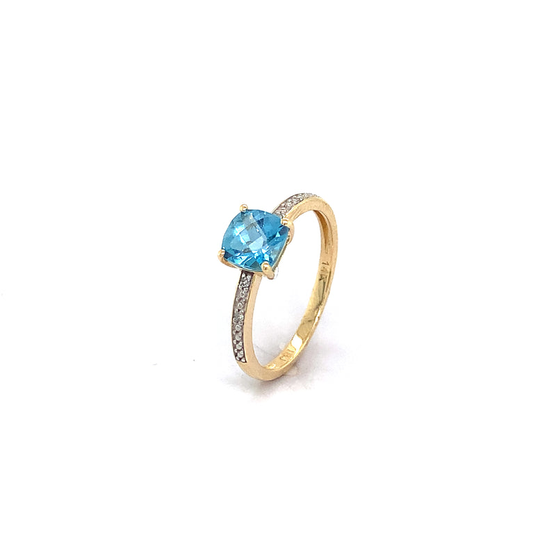 Anillo de topacio azul con diamantes en oro amarillo 14kt