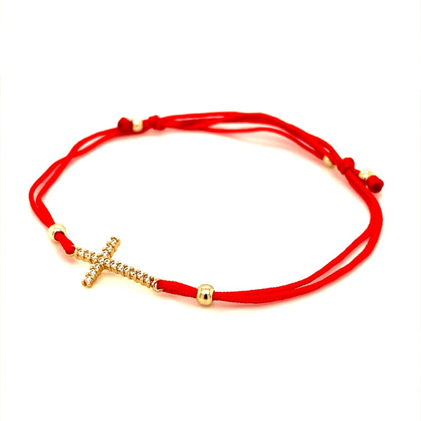 Pulsera (cruz) con circones en oro amarillo 10k e hilo rojo ajustable
