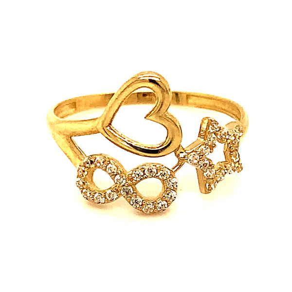 Anillo (corazón, infinito y estrella) con circones en oro amarillo 10kt.