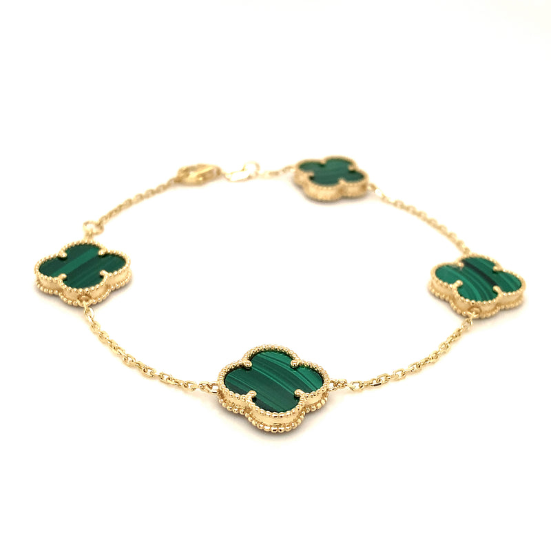 Pulsera (trébol verde malaquita) en oro amarillo 10kt. 17CM/19CM