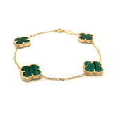 Pulsera (trébol verde malaquita) en oro amarillo 10kt. 17CM/19CM