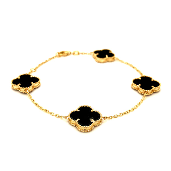 Pulsera (trébol negro onix) en oro amarillo 10kt. 17CM/19CM