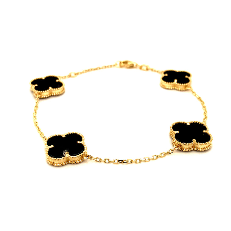 Pulsera (trébol negro onix) en oro amarillo 10kt. 17CM/19CM