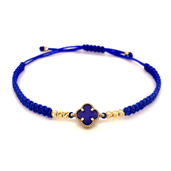 Pulsera (trébol azul de enamel) en oro amarillo 10k e hilo azul ajustable