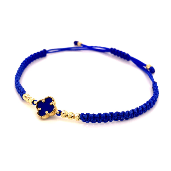 Pulsera (trébol azul de enamel) en oro amarillo 10k e hilo azul ajustable