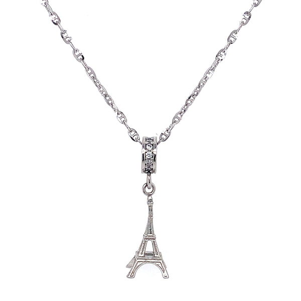 Collar (torre eiffel) con circones en oro blanco 10k 50cm