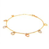 Pulsera (corazones) en oro tres tonos 18k. 17/18cm