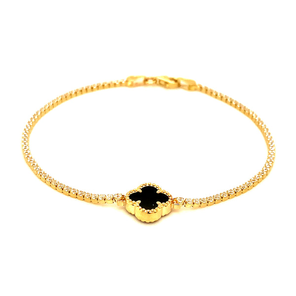 Pulsera (trébol negro onix) con circones en oro amarillo 10kt. 19CM