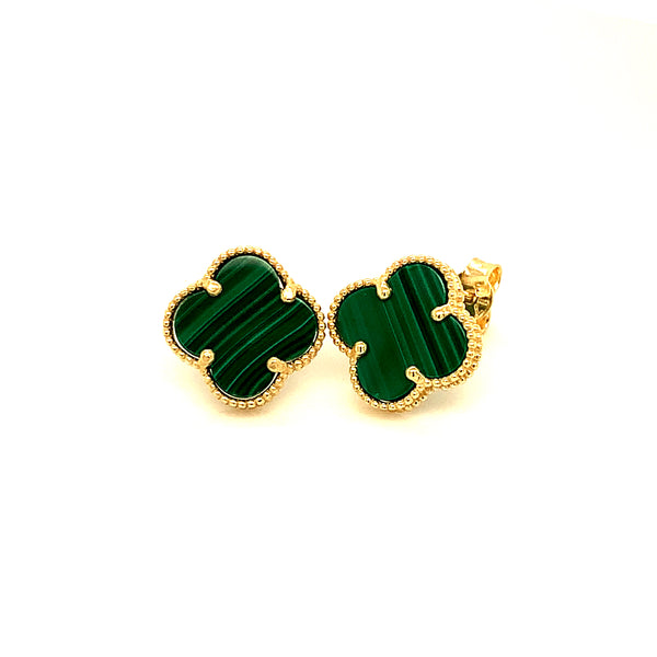 Aretes (trébol verde malaquita) en oro amarillo 10kt.