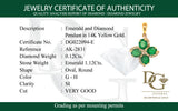 Dije de esmeraldas con diamantes en oro amarillo 14kt. E-1.12CTS. D-0.12CTS.