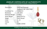 Dije de rubí con diamantes en oro amarillo 14kt. R-0.61CTS. D-0.06CTS.