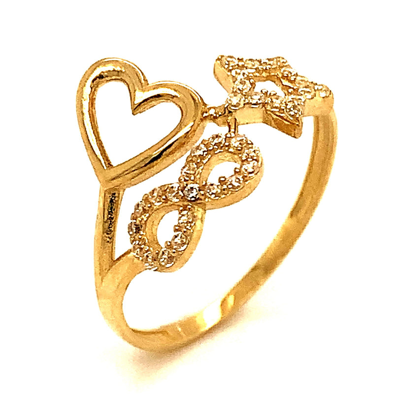 Anillo (corazón, infinito y estrella) con circones en oro amarillo 10kt. - DGjoyeros