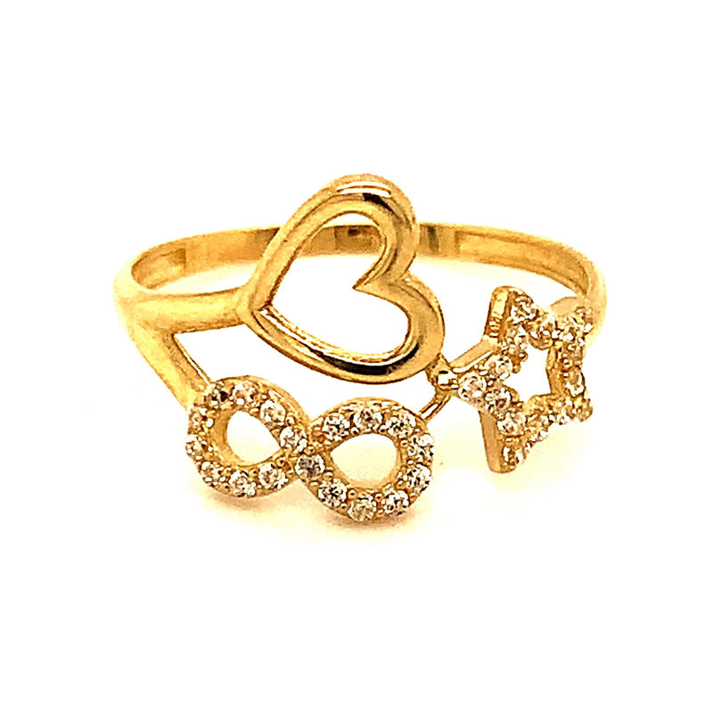 Anillo (corazón, infinito y estrella) con circones en oro amarillo 10kt. - DGjoyeros