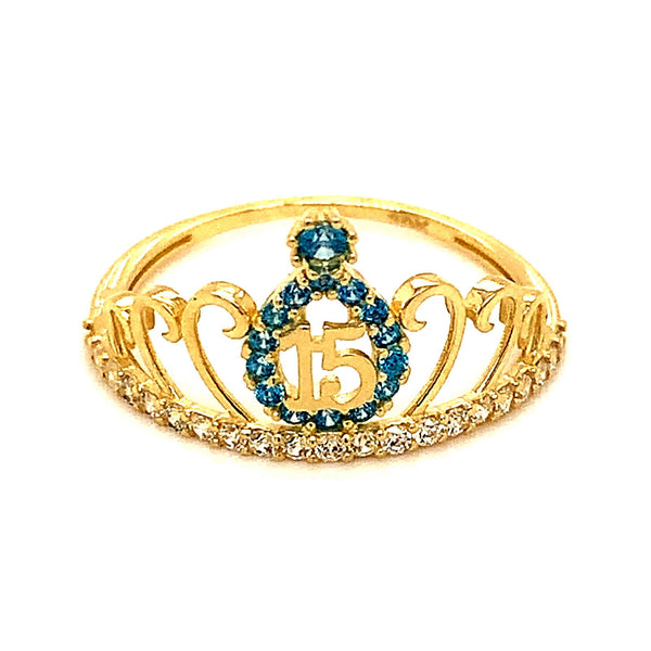 Anillo (corona con 15) con circones en oro amarillo 10k - DGjoyeros