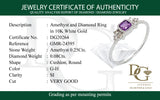 Anillo de amatista con diamantes en oro blanco 10kt.