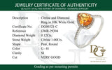 Anillo de citrino con diamantes en oro blanco 10kt.
