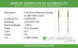 (LD) Aretes con diamantes de laboratorio en oro amarillo 14kt. D-2.00Cts.