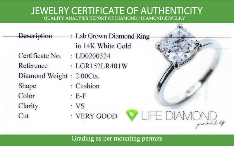 (LD) Anillo con diamante de laboratorio en oro blanco 14kt. D-2.00Cts.