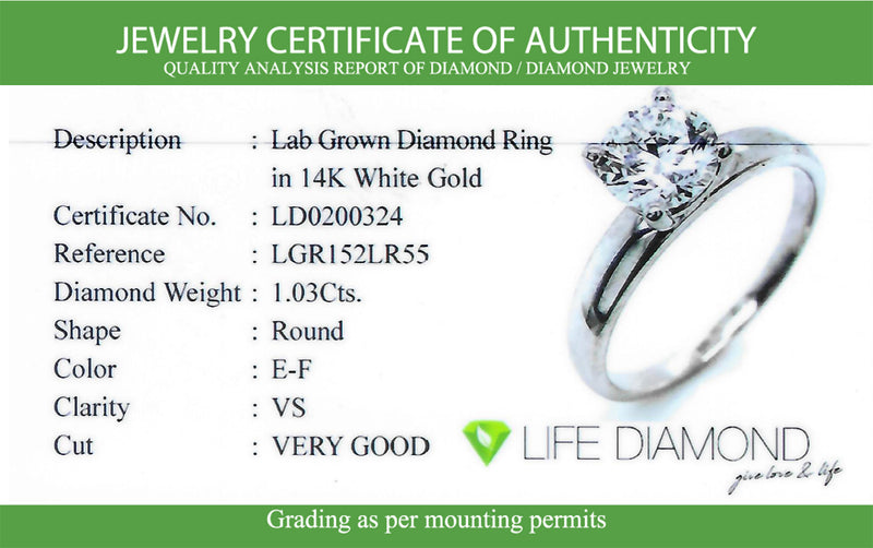 (LD) Anillo con diamante de laboratorio en oro blanco 14kt. D-1.03Cts.