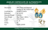 Aretes de topacio azul con diamantes en oro amarillo 14kt.