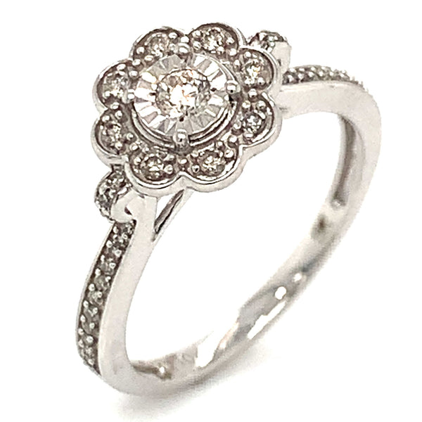 (SOFIA) Anillo (flor) con diamantes en oro blanco 10kt - DGjoyeros
