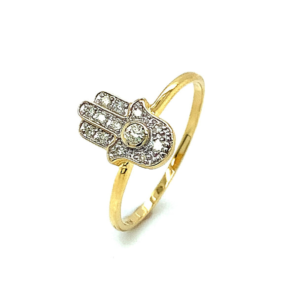 (SOFIA) Anillo (hamsa) con diamantes en oro amarillo 10kt. - DGjoyeros