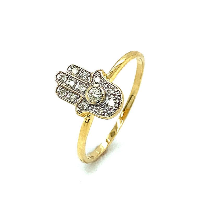 (SOFIA) Anillo (hamsa) con diamantes en oro amarillo 10kt. - DGjoyeros