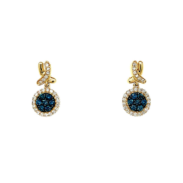 (SOFIA) Aretes de diamantes blancos y azules en oro amarillo 10k - DGjoyeros