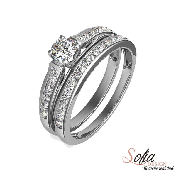 (SOFIA) Set de anillos con diamantes en oro blanco 10kt. - DGjoyeros