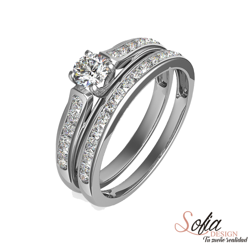 (SOFIA) Set de anillos con diamantes en oro blanco 10kt. - DGjoyeros