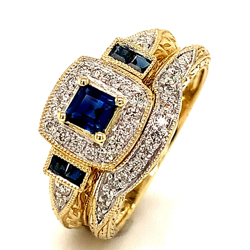 (SOFIA) Set de anillos con diamantes y zafiros en oro amarillo 10Kt. - DGjoyeros