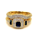 (SOFIA) Set de anillos con diamantes y zafiros en oro amarillo 10Kt. - DGjoyeros