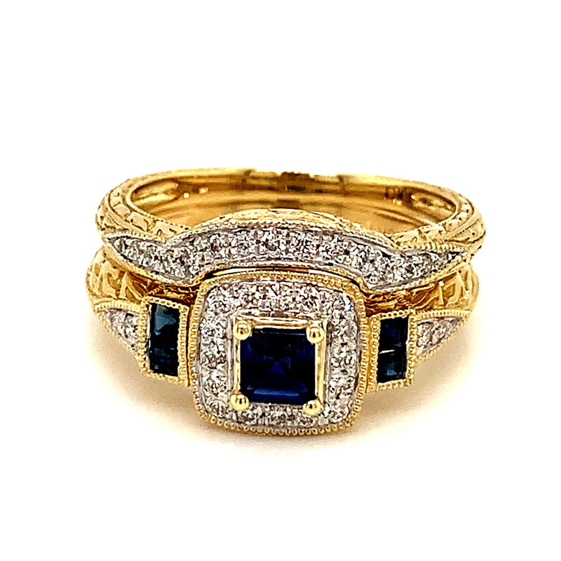 (SOFIA) Set de anillos con diamantes y zafiros en oro amarillo 10Kt. - DGjoyeros