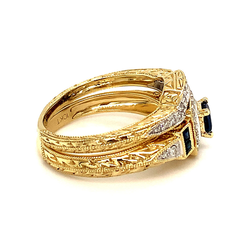(SOFIA) Set de anillos con diamantes y zafiros en oro amarillo 10Kt. - DGjoyeros