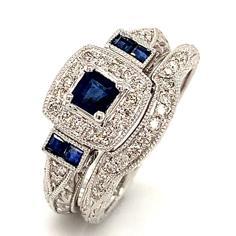 (SOFIA) Set de anillos con diamantes y zafiros en oro blanco 10Kt. - DGjoyeros
