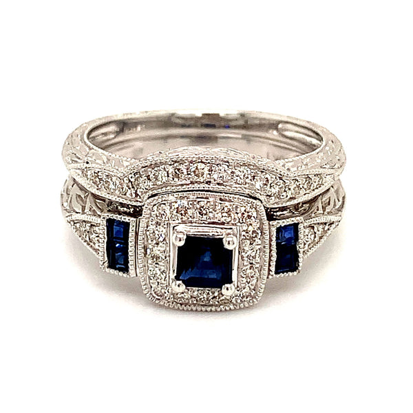 (SOFIA) Set de anillos con diamantes y zafiros en oro blanco 10Kt. - DGjoyeros