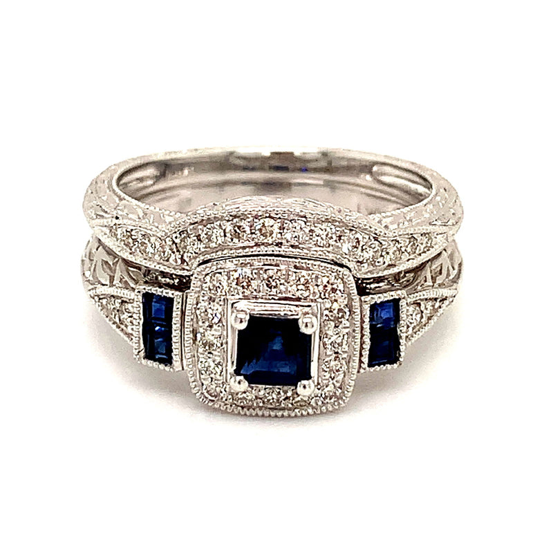 (SOFIA) Set de anillos con diamantes y zafiros en oro blanco 10Kt. - DGjoyeros