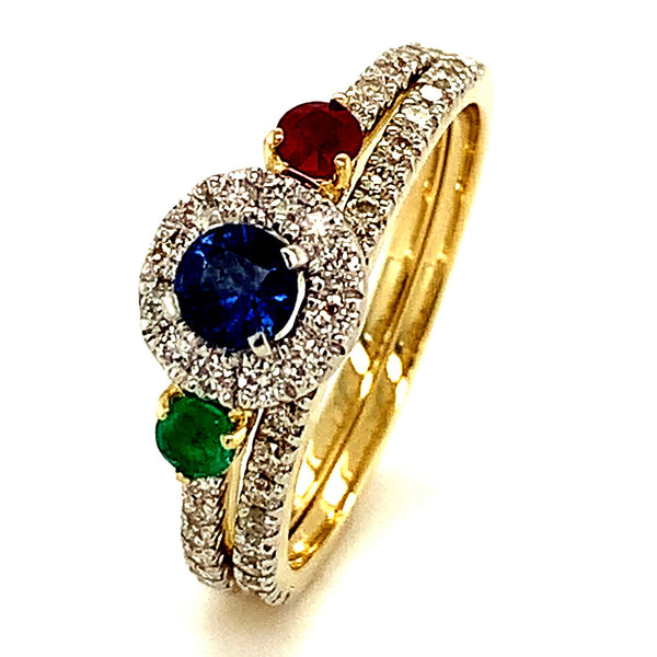 (SOFIA) Set de anillos con diamantes, zafiro, rubí y esmeralda en oro amarillo 10kt. - DGjoyeros