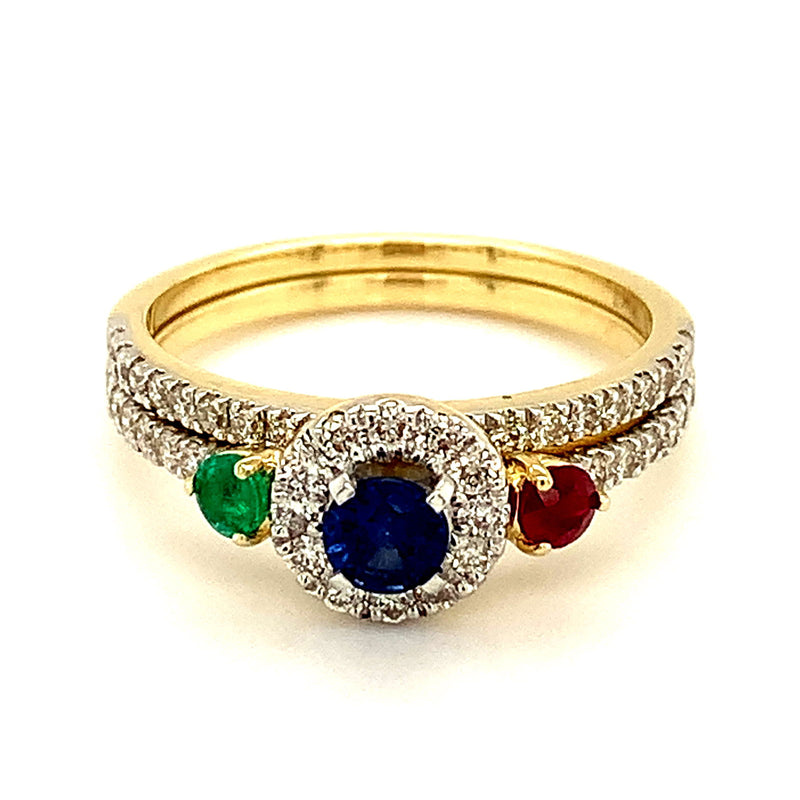 (SOFIA) Set de anillos con diamantes, zafiro, rubí y esmeralda en oro amarillo 10kt. - DGjoyeros