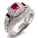 (SOFIA) Set de anillos con rubí y diamantes en oro blanco 10Kt. - DGjoyeros