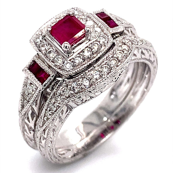 (SOFIA) Set de anillos con rubí y diamantes en oro blanco 10Kt. - DGjoyeros
